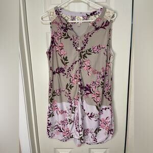 Fig and Flower Tan Boho Floral Long Line Tunic with Crochet Back Panels size L